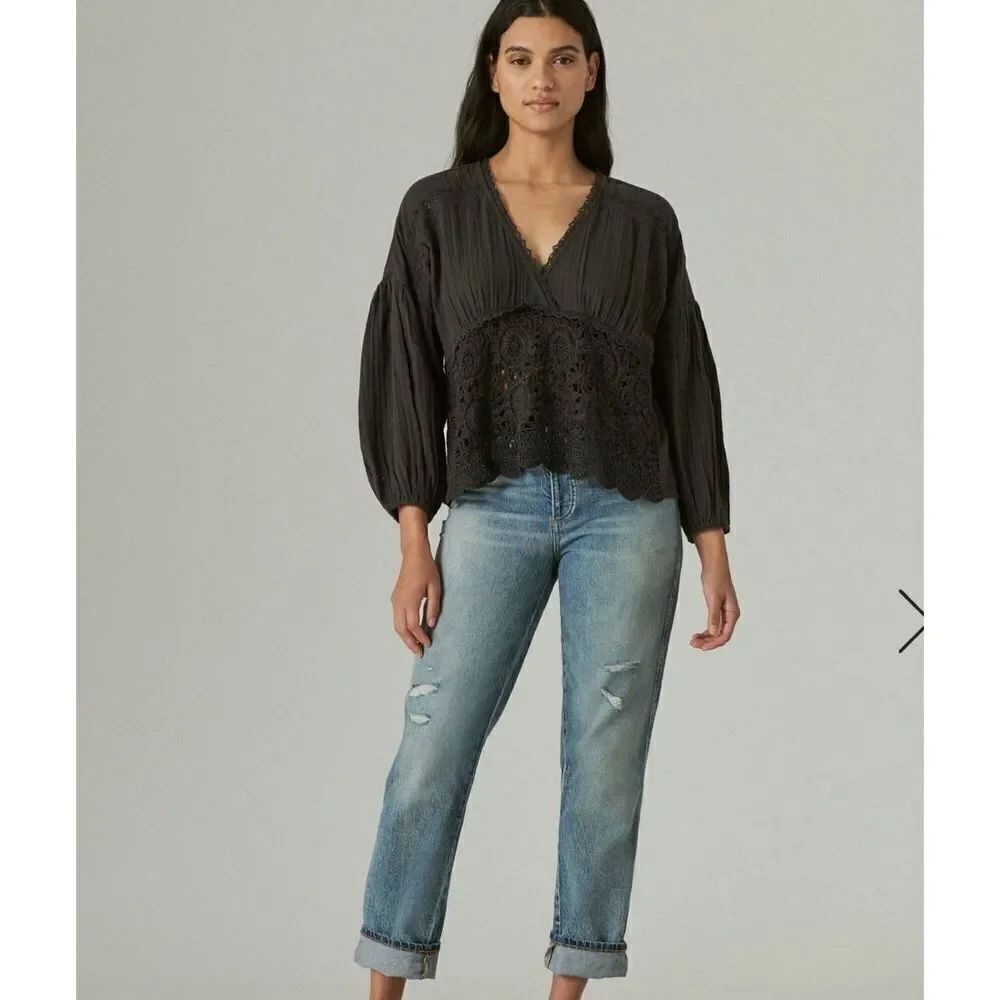 Lucky Brand Long Sleeve Crochet Top Black Size Small